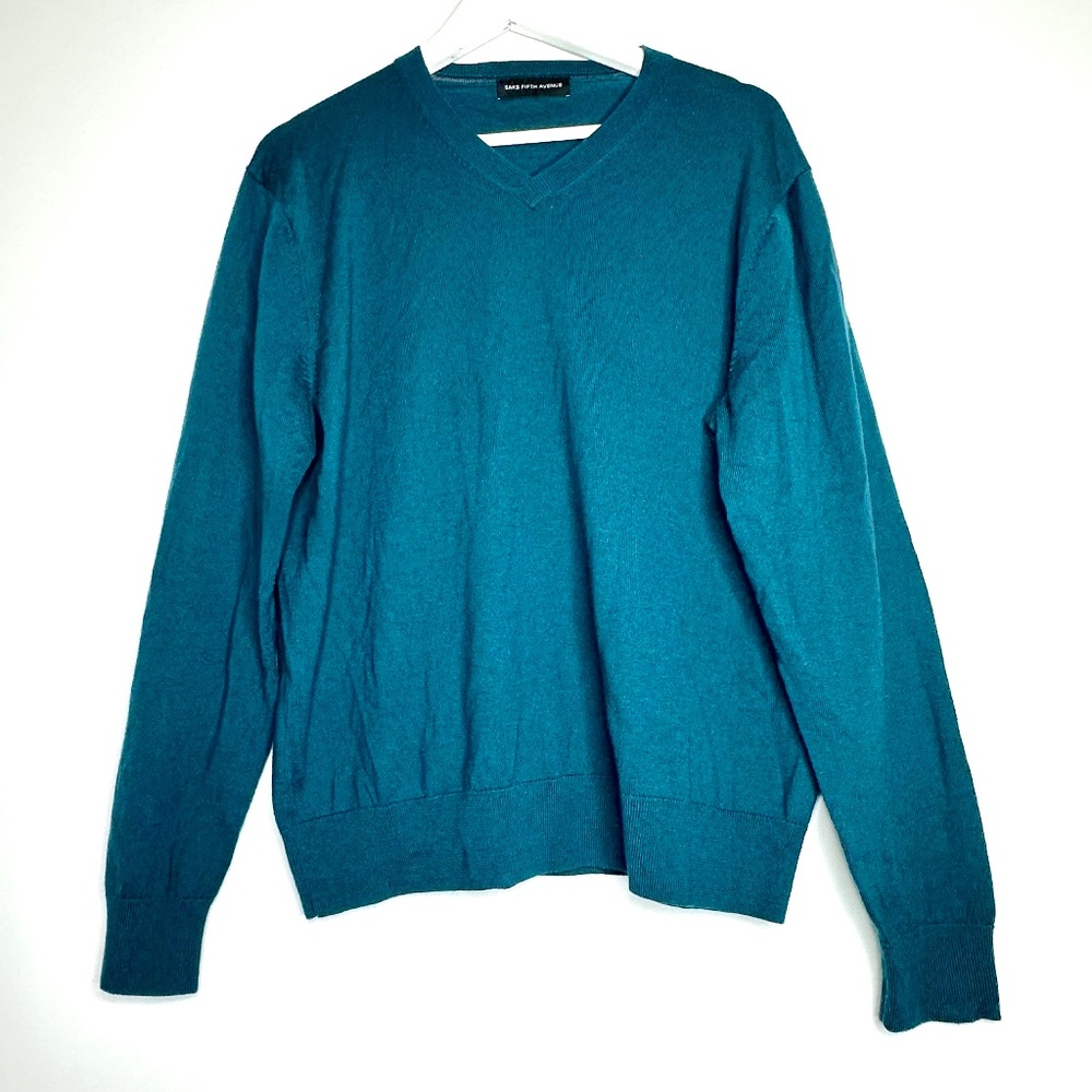 Saks Fifth Avenue V-neck Wool blend Sweater in a teal color, Women’s size L